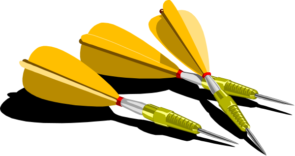 The image shows a collection of five darts with yellow tips and red shafts arranged on top of each other against a dark background.