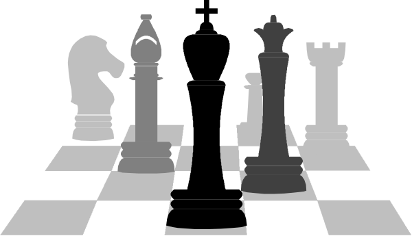 The black and white illustration shows four chess pieces on a checkered board: two rooks (one at each corner), one knight in between them, and another piece that could be either queen or king positioned centrally behind the other three pieces.