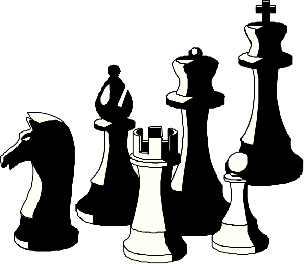 The black and white silhouette of a chess set with pieces arranged on what appears to be a board.