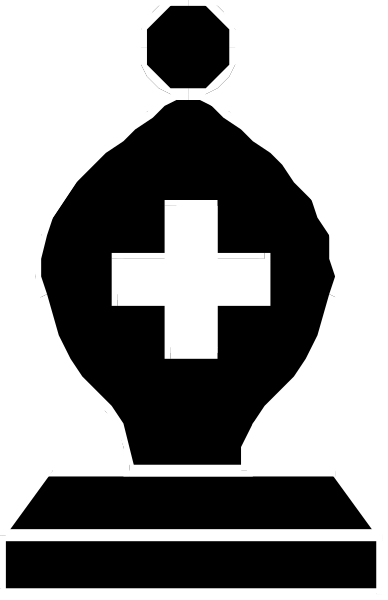 The black and white logo of a cross on top of an award pedestal with two pillars at each corner.