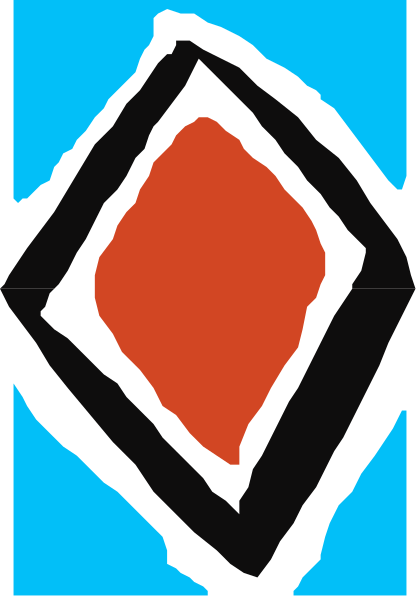 The image shows a red diamond shape with black outlines on top of what appears to be blue fabric backgrounds that have been digitally altered for an effect similar to watercolor painting.