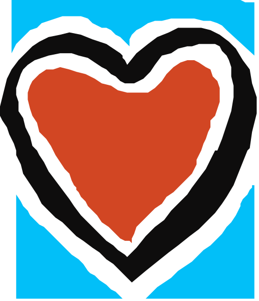 The image shows a red heart with black outlines inside an outline of what appears to be a blue square on top of another shape that could represent water due to its color gradient from light at one end to darker shades towards the other, suggesting depth and possibly waves or ripples in it.