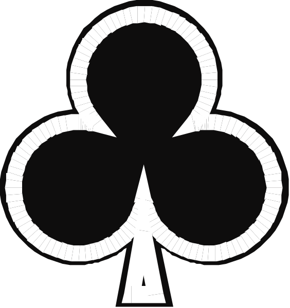 The image shows a black spade card with white lines forming its shape against a dark background on top of another similar playing card that is partially obscured by it in front view; to the right side there's an illustration resembling a clover, which appears as if made up from segments or pieces.