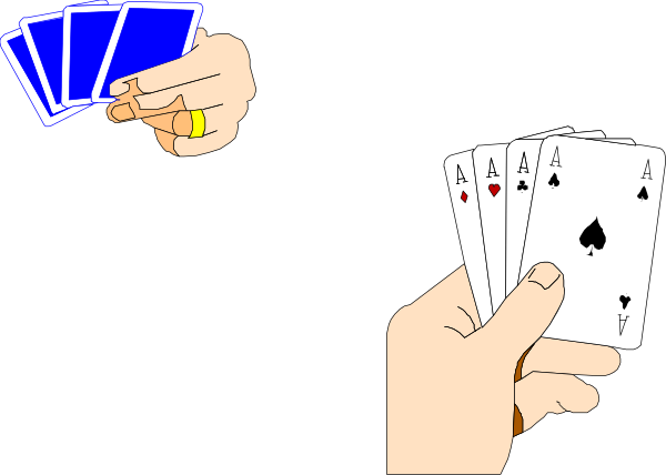 The image shows a person holding two playing cards with an ace of spades on top; there is also another hand visible in front of them showing three more aces from their deck.