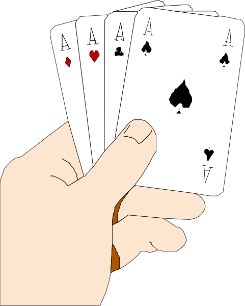 The image shows a hand holding an ace of spades playing card with four aces on it against a black background.
