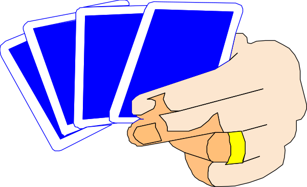 The image shows a hand holding five playing cards with blue backs against a black background; there is no text present on this clip-art illustration.