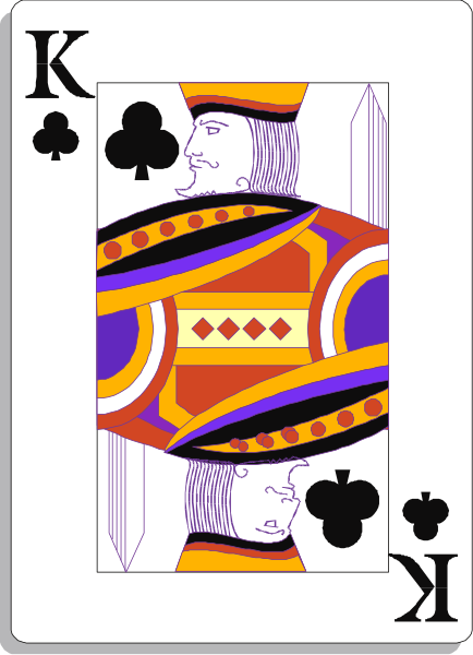 The card shows a king of spades playing card with an intricate design featuring multiple kings on it against a purple background.