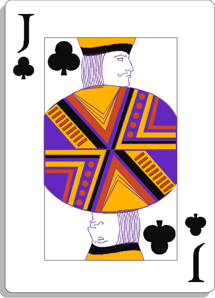 The card features a joker from a deck of playing cards with an illustration on it that includes a person wearing armor holding two swords crossed in front of them against a purple background adorned with gold stripes and patterns, along with a crown atop their head.