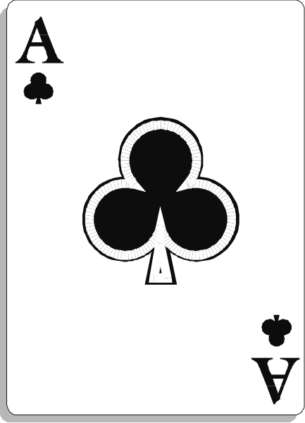 The card shows a black ace of spades with an intricate design on it featuring three white clovers forming a triangle around two hearts in red ink at its center; there is also text that reads "Ace" and "Spade."