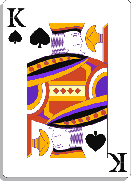 The card shows a king of spades playing card with an intricate design featuring purple, red, yellow, blue patterns on it against a white background; there is no text present in this image.