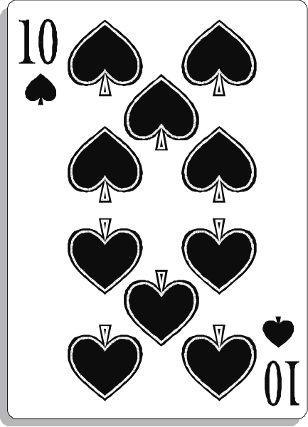 The card shows a sequence of playing cards with hearts on them arranged vertically downwards from top to bottom; each heart is inside an inverted black spade symbol.