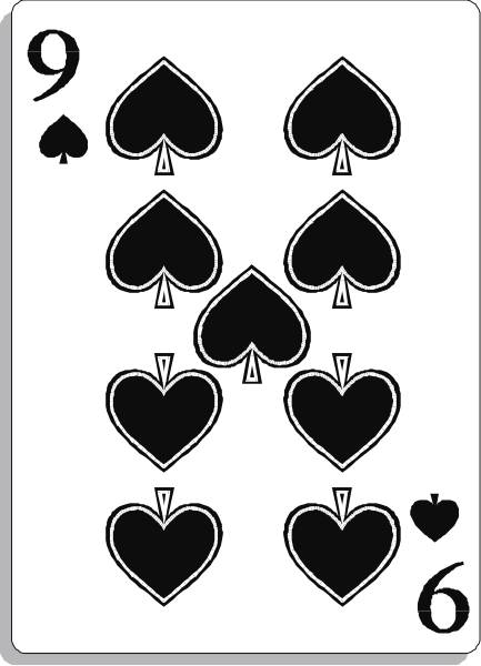 The card shows a series of playing cards with hearts on them arranged to form an X shape around nine spades; there is no text present in this image.
