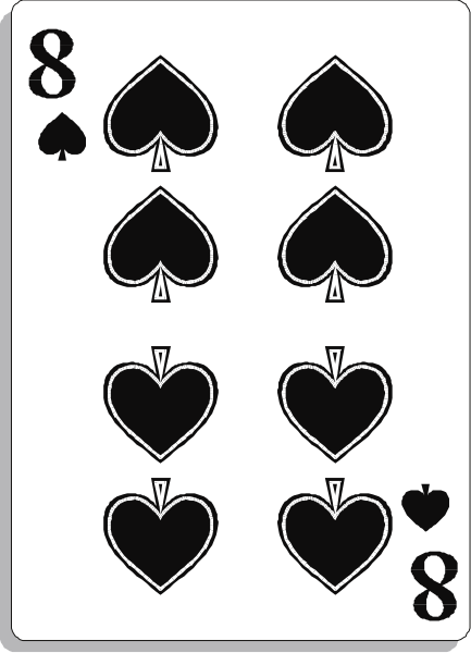 The card shows a series of playing cards with hearts on them arranged vertically down its center; each heart is encircled by two diamonds forming an inverted triangle shape around it.