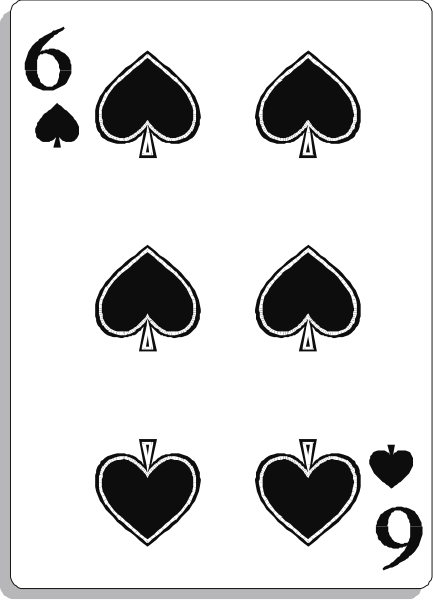 The card shows a sequence of four playing cards with hearts on them arranged vertically from top to bottom: 6 spades at the top left corner; followed by two clubs in the middle row; then one diamond and finally, another club below it. Each heart is black outlined against white backgrounds within each suit symbol (spade or club). The numbers "1" through "9" are also visible on these cards from bottom to top respectively: 6 at the very bottom of a card with two clubs in between; followed by one diamond and then another club above it. There is no
