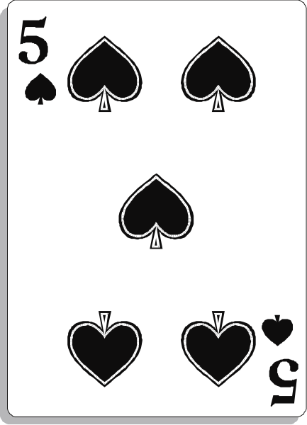 The card shows a royal flush of spades: Ace high with five cards beneath it forming four flushes - 5s, Qs, Js, T9s, K10s in sequence from top to bottom and left to right. Each suit is represented by the symbol for that suit at its head position (spade). The background of each flush has a different pattern: Ace high's backdrop features lines radiating outward; 5s through T9s have alternating black squares with white borders, while K10s and QJs are