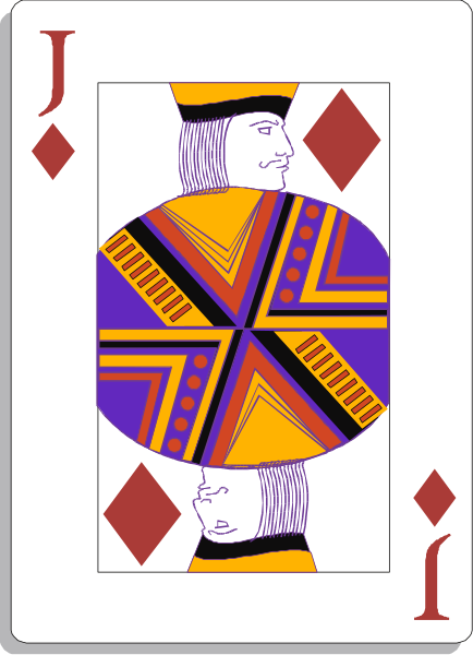 The card features a joker playing cards with an intricate design on it; there is no text present within this image.