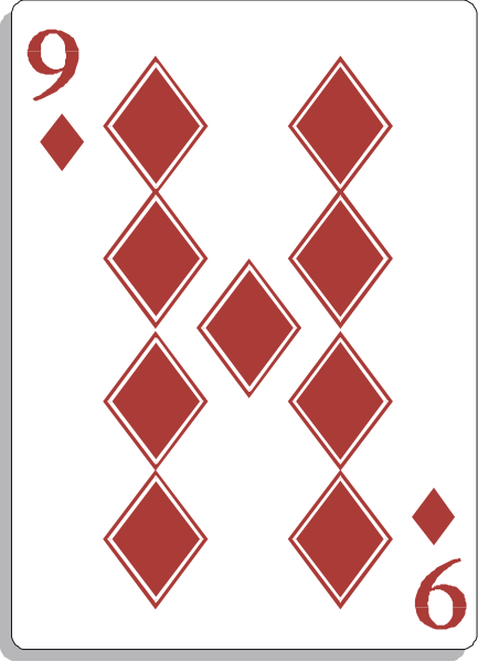 The card shows a royal flush poker hand with diamonds: Ace of Diamonds on top left corner; King of Diamonds in center right; Queen of Diamonds below it to bottom left; Jack of Diamonds next to it, and 10 of Diamonds at bottom right. There is also the number "9" prominently displayed above a spade symbol with four diamonds arranged vertically on either side. The background appears plain white without any additional context or setting provided in this image. No people, animals, actions are depicted here; it's purely about poker hands