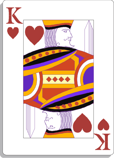 The card shows a king of spades playing card with an illustration on it featuring two knights facing each other; both have armor in shades of red, purple, yellow, blue, orange, green, and white, holding swords crossed at their chests against a black background.