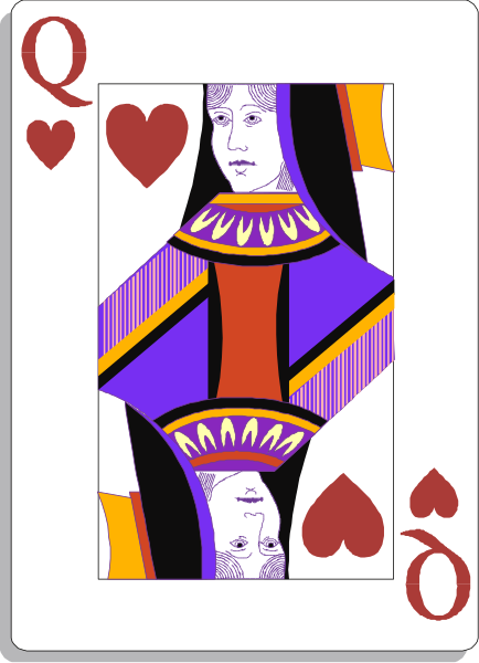 The card features a colorful illustration of an Egyptian queen on top with her headdress adorned by two feathers; below is another image depicting three queens in profile facing different directions against a purple background, each wearing traditional attire and holding playing cards or roses as symbols.
