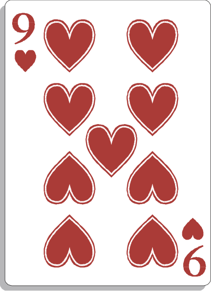 The card shows a sequence of nine playing cards with hearts on them arranged vertically from top to bottom; each heart is inside an outline that resembles a spade shape in red color against white backgrounds, and there's text at the center reading "9 6" indicating numbers associated with these symbols. It appears to be a clip-art image of playing cards used for decorative or instructional purposes rather than actual gameplay. The style is simple and graphic without any additional context provided in this particular depiction. There are no people, animals, actions, or setting visible within