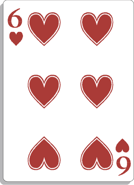 The card shows a sequence of playing cards with hearts on them: 6 of spades at top left; followed by three queens in middle row (center queen is larger than others); then two kings below, also showing large red heart symbols and numbers "9" & "10". Bottom right corner has the number "7", but no corresponding card. The background appears to be a notebook or lined paper with some writing on it that's not legible in this image.