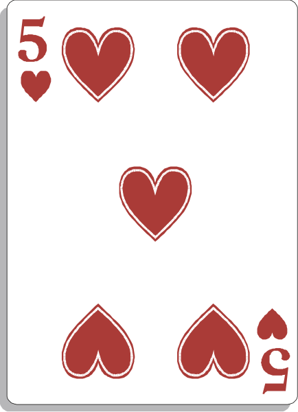 The card shows a deck of playing cards with hearts on them; there's an ace at top left corner displaying two red heart symbols next to each other followed by three more similar designs in descending order, and below it is another row showing four identical patterns including one pair that forms the number 5. There are no texts or additional elements present within this image. The style of art appears simple with a clear focus on playing cards as its subject matter.