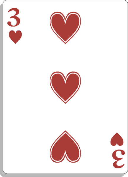 The card shows a deck of playing cards with three hearts on it; each heart is accompanied by an ace symbolizing spades in poker terms.