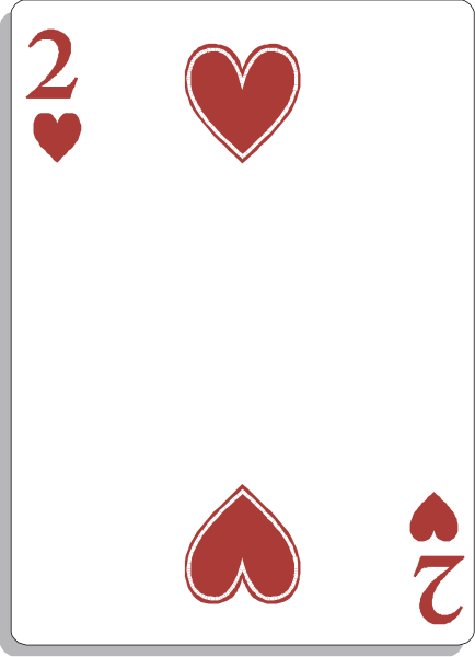 The card shows a white background with red hearts on each corner of four sides; it has black text that reads "2" in two places at opposite ends near the top corners, indicating its value as part of a game like poker or rummy.