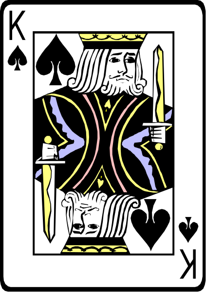 The card shows a king of spades from a deck with intricate designs on it; he is holding two swords crossed in front of him while standing upright against an orange background that resembles flames at his feet, and there's no text present within this image.