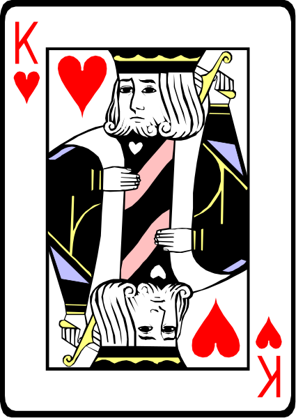 The card shows a king of spades playing poker with two jacks on either side; he is wearing armor and holding a sword in his right hand while sitting atop an ace of hearts that has been dealt to him, indicating royalty's favorable position during play.
