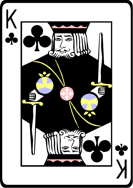 The card shows a king of spades playing card with an illustration on it featuring two knights holding swords crossed in front of them against a blue background.