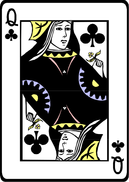 The card features a woman with an intricate design on her dress; she is holding playing cards that include spades and hearts in various positions around her body.
