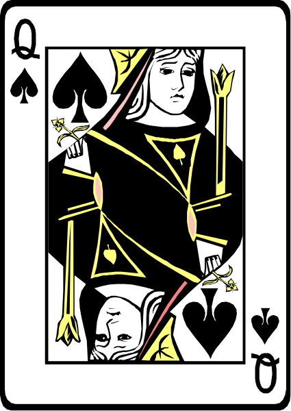 The card features a black queen of spades with gold accents holding two jacks; there is also an ace on top left corner.
