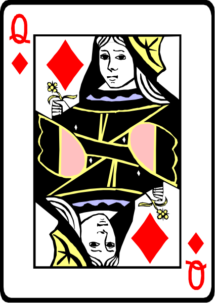 The card shows a playing queen with an ace of spades on top, both featuring intricate designs; there is also text that reads "Q" in red at bottom right corner.