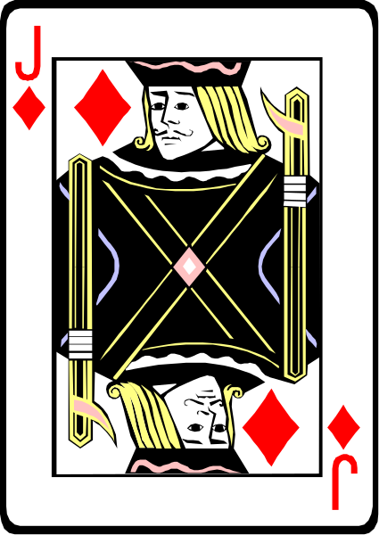 The card shows a king of spades playing poker with four aces on his back.