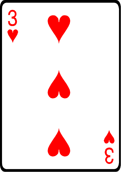 The card shows a white playing card with red hearts on it that has been altered to include four black spades forming an inverted diamond shape above each heart; there is also text at top right corner of image, which appears as "3C" and below it another symbol resembling the number 4. This combination suggests this might be a playing card from a game like Spade Ace or similar variations where cards are used to represent numbers rather than traditional suits in games such as poker. The background is plain white with no additional context provided, so setting details cannot be determined confidently based