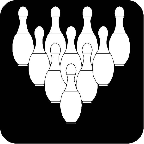 The black and white illustration shows a group of nine bowling pins arranged vertically with three on top forming an inverted triangle shape against a dark background.