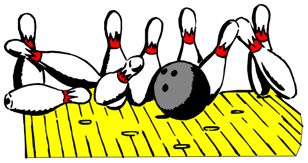 The black and white illustration shows a group of bowling pins on their sides with two upright ones at each end forming an archway over three more knocked down pins in front; there is also one pin standing up straight, making it appear as if it's playing pool or billiards.