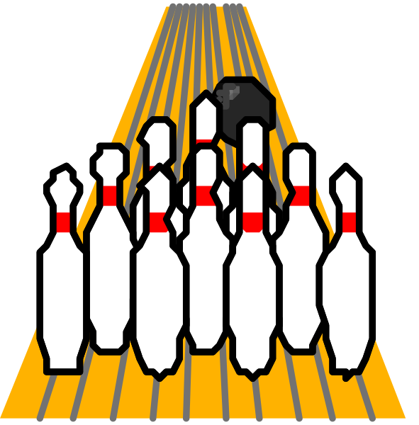 The image shows a pixelated depiction of bowling pins with red stripes on them being knocked down by what appears to be an animated character's hand in two different frames: one where all ten pins have been hit and another showing nine remaining upright pins, indicating the progression from left (before) to right (after).