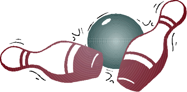 The image shows three bowling pins knocked over with a red ball on top of them against a dark background.