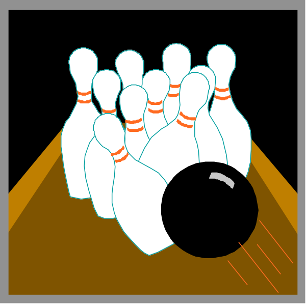 The image shows a sequence of two frames: In frame 1, there is an animated bowling ball rolling towards pins; in frame 2, it has knocked them down with force. There's no text present on either side to provide additional context or information about what might be happening beyond the immediate action depicted by these images. The style of this image appears cartoonish and simplistic, using a limited color palette that emphasizes contrast between light (pins) and darker tones for other elements like bowling ball and background lane markers.