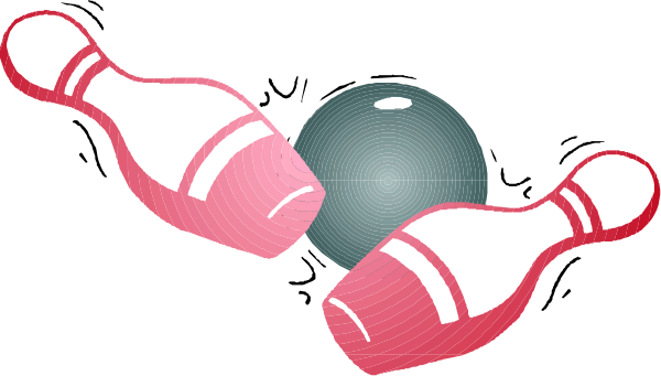 The image shows three bowling pins with a ball between them against a black background.