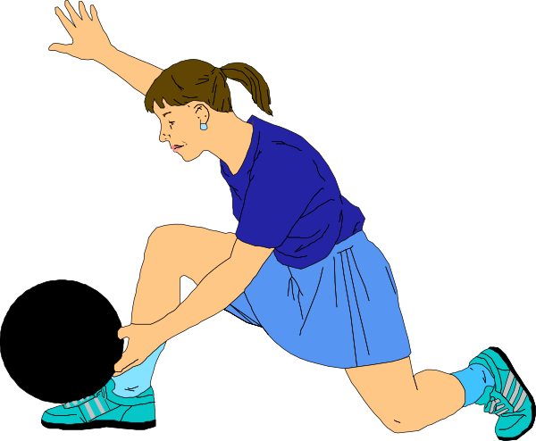 The illustration shows a woman wearing blue shorts with white stripes on her sides, kneeling down to tie her shoe while looking upwards towards it as if she's about to stand back up after tying it securely.