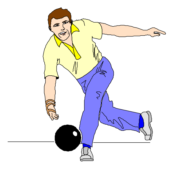 The cartoon depicts a man playing bowling with his arms outstretched for balance while wearing blue pants and yellow shirt; he is holding two white balls in each hand as if ready to throw them at pins, which aren't visible within this frame of reference image provided by the AI.