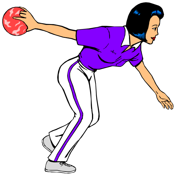 The illustration shows a cartoon of an animated female character dressed as a bowler with two red pins on her fingers in front of her; she is wearing white pants and shoes, has short hair, and appears to be leaning forward slightly while holding one pin between both hands at waist level.