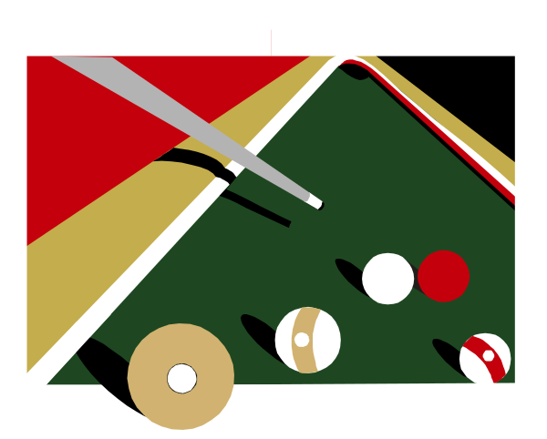 The image shows a table with various sports equipment on it: two pool balls (one white cue ball), three red billiard balls, one yellow six-ball rack, four black eight-ball racks, and several other items that resemble additional game pieces or accessories for playing games like snooker.