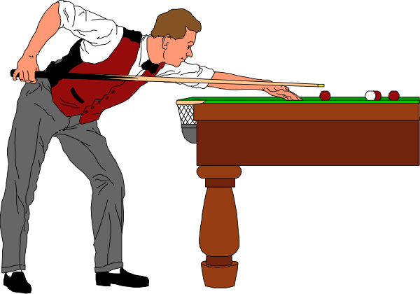 The illustration depicts two men playing pool at a table with cue balls on it; both players have their backs to each other while one is leaning over in action, suggesting movement during gameplay.
