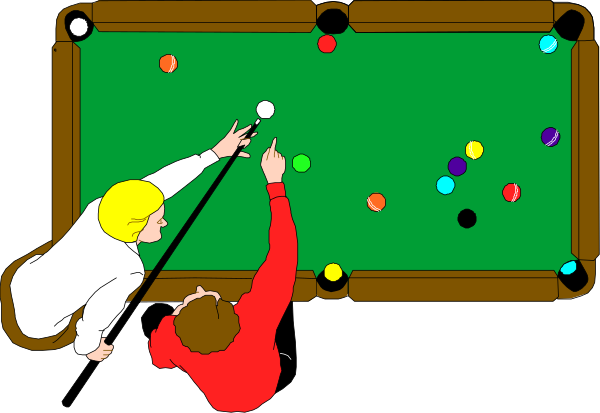 The image shows a pool table with two players engaged in playing billiards; there is no cue ball on the rack but multiple balls scattered across it indicating an ongoing game of eight-ball.