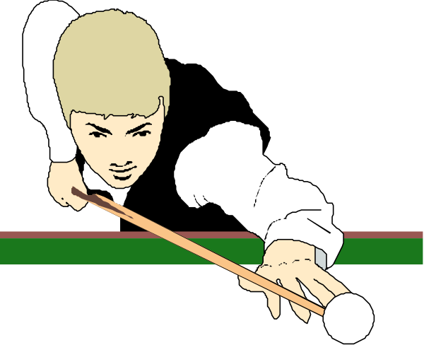 The image shows a cartoon of an animated character playing pool with cue sticks on what appears to be a billiards table in front of him.