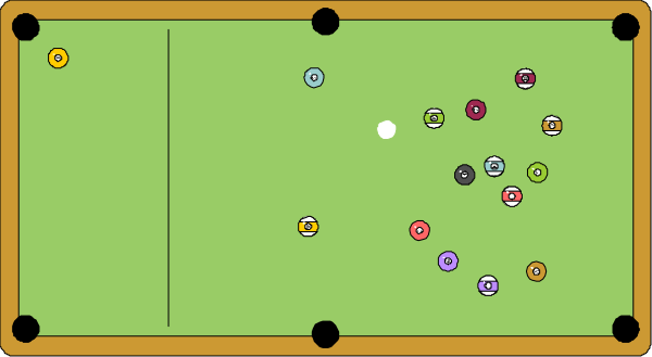 The image shows a pool table with many colorful balls scattered across it against an indoor background that appears to be part of another room due to visible furniture like chairs in front of what seems to be a desk area, suggesting this is likely not meant for actual gameplay but rather as decoration or art.